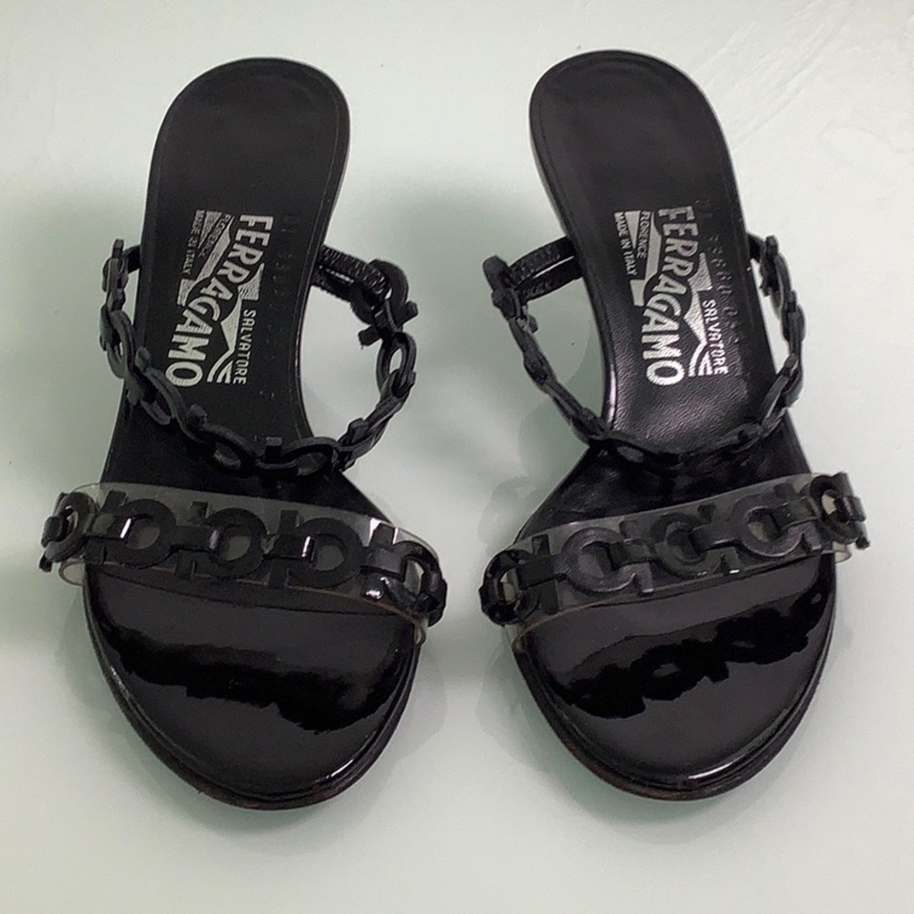 Salvatore Ferragamo kitten heel Leather Patent vinyl strappy sandals SZ 7 B EUC - Picture 4 of 16